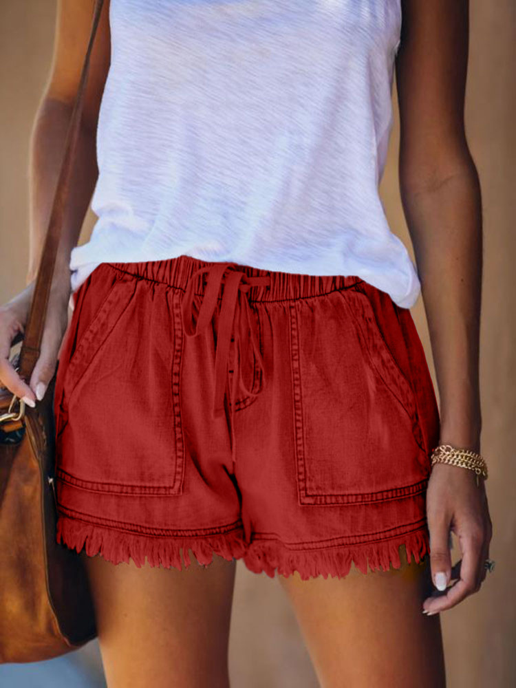 Elastic Waist Raw Frayed Hem Denim Shorts