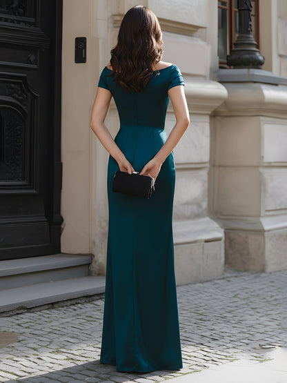 Strapless Ruched High-Slit Evening Gown