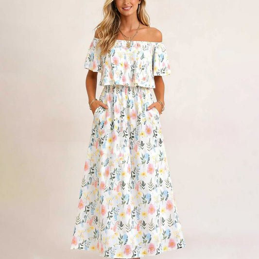 🔥LAST day 49% OFF🔥Women's Off The Shoulder Dress Wedding Guest Dress Summer Casual Long Ruffle Party Side Split Beach Maxi Dresses