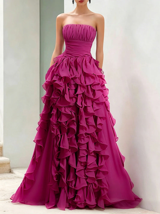 Strapless Magenta Ruffled Ball Gown