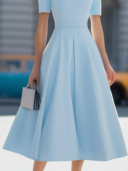 High Neck Short Sleeve Pleated Fit-and-Flare Midi Dress