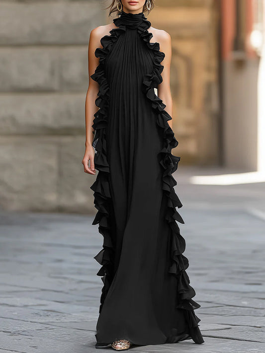 Midnight Elegance Ruffled Halter Pleated Chiffon Maxi Gown