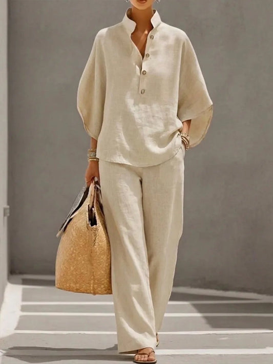 🔥 🔥Women's Batwing Sleeve Two-Piece Set – Casual Shirt & Wide Leg Pants Outfit