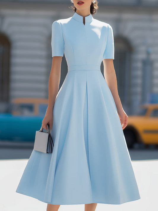 High Neck Short Sleeve Pleated Fit-and-Flare Midi Dress