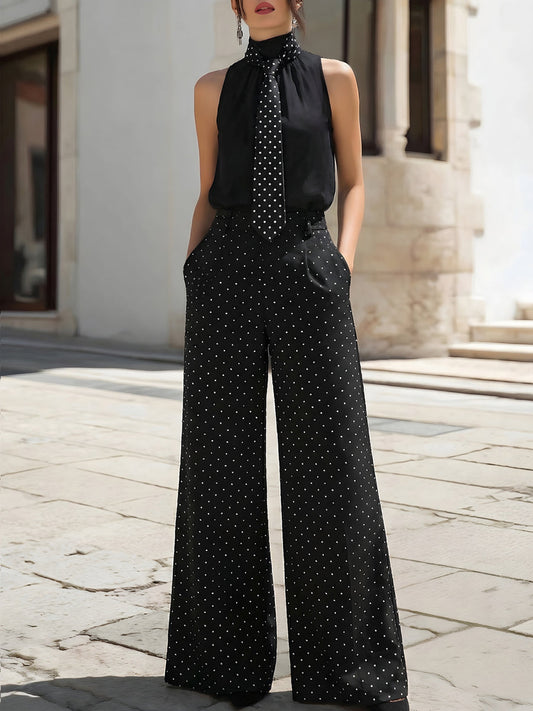 Polka Dot Tie-Neck Blouse & Wide-Leg Pants Set