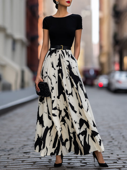 Abstract Print Pleated Maxi Dress