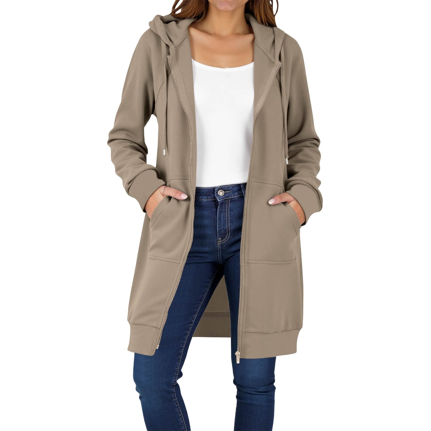 Long Hoodies for Women Zip Up Double Zipper Fleece Jacket Tunic Sweatshirts Fall Winter Fashion Clothes