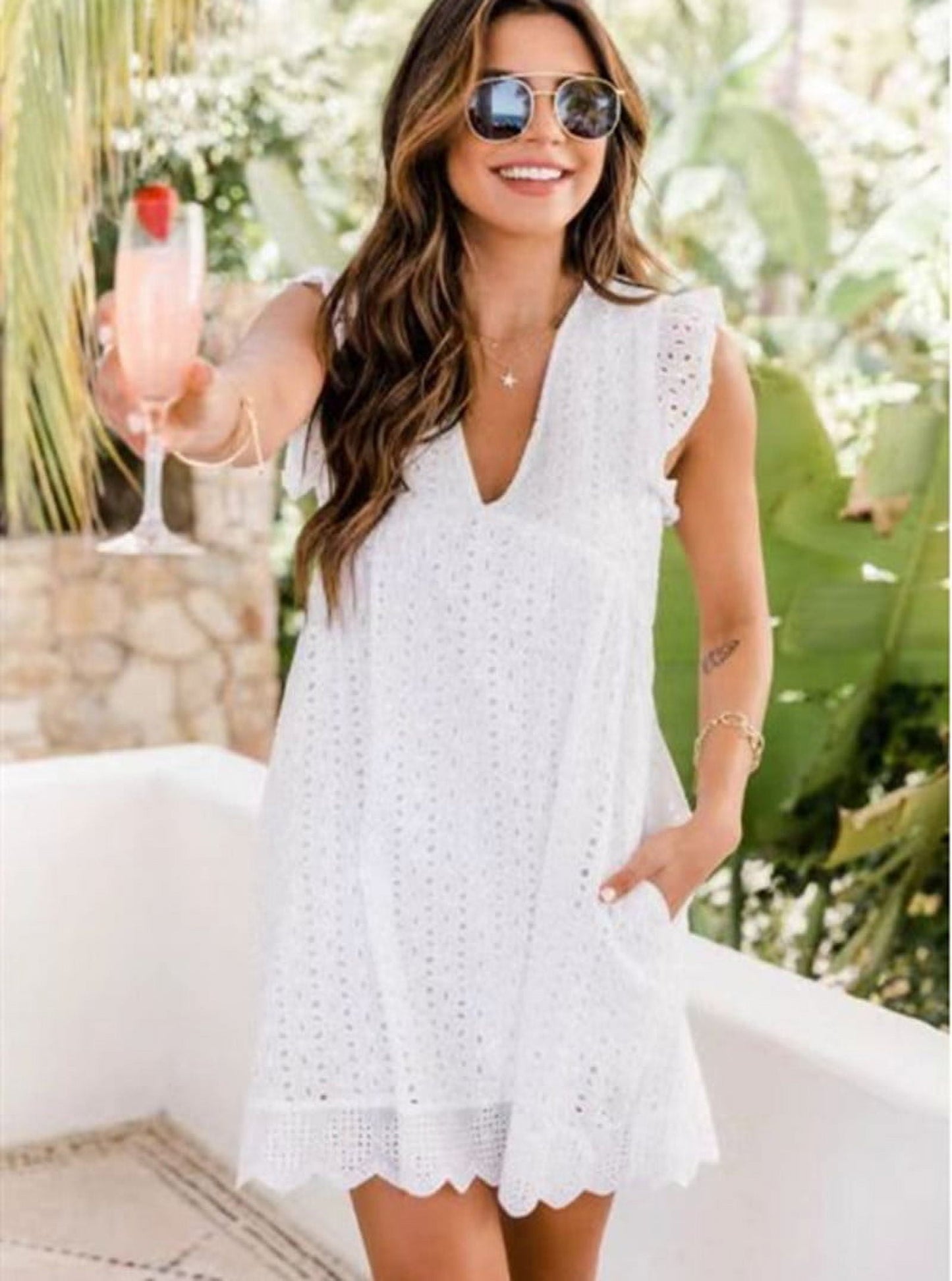 New Mid-Length Dress Lace Jacquard Cut-Out Pocket Lining Shorts V-Neck Large Dress