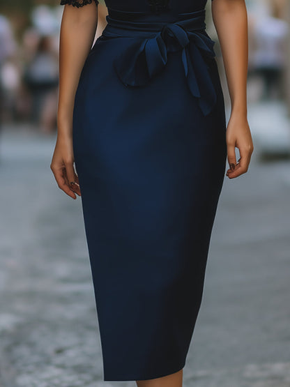 Elegant Lace-Trim V-Neck Belted Midi Dress