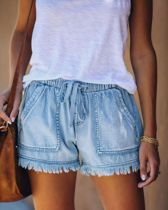 Elastic Waist Raw Frayed Hem Denim Shorts