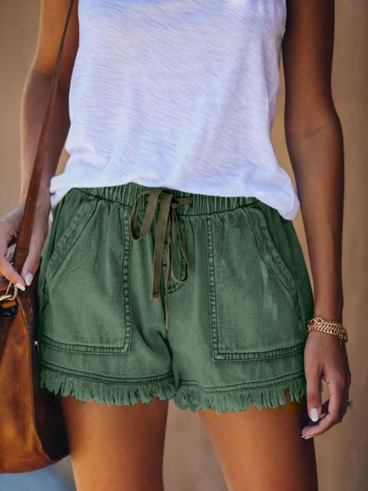 Elastic Waist Raw Frayed Hem Denim Shorts