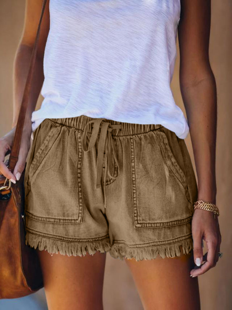 Elastic Waist Raw Frayed Hem Denim Shorts