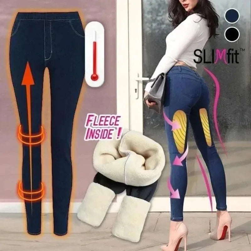 Jenkins Womens High-Waisted Wool-Lined Denim Jeans - Ultra-Thin Seamless Pencil Pants with Synthetic Stretch