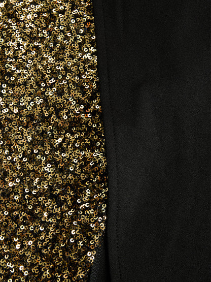 Elegant Black And Gold Sequin High-Neck Slit Maxi Dress