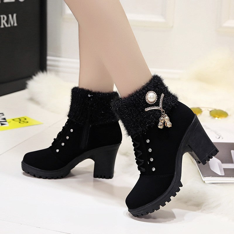 Bootara Women's Glam Knit-Cuff Boots - Rhinestone Decor Side Zip Block Heel Dress Boots (US 5-10)