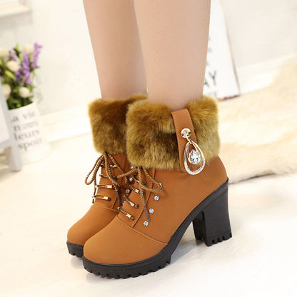 Bootara Women's Glam Knit-Cuff Boots - Rhinestone Decor Side Zip Block Heel Dress Boots (US 5-10)
