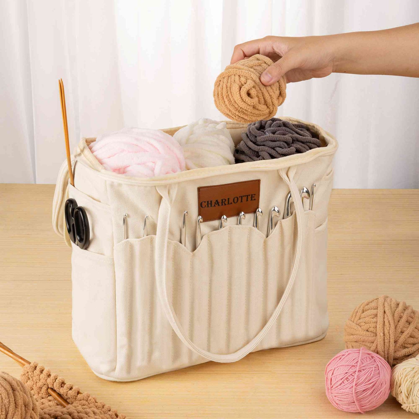 Personalization Canvas knitting bag, Gift For Mom, Yarn Storage Organizer, Canvas Yarn Bag, Needle Storage Bag, Sewing Project Organizer