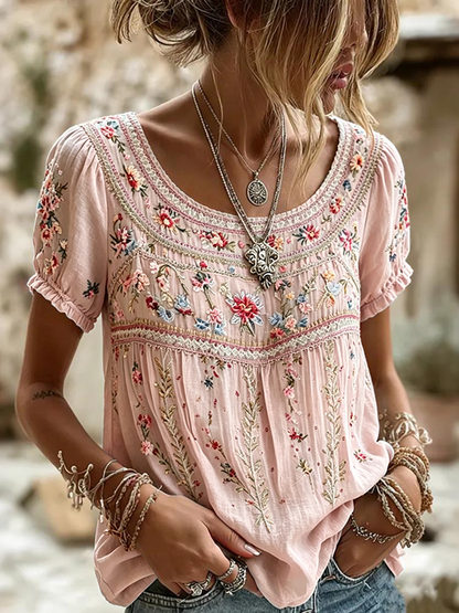 Women's Retro Floral Pattern Casual T-shirt