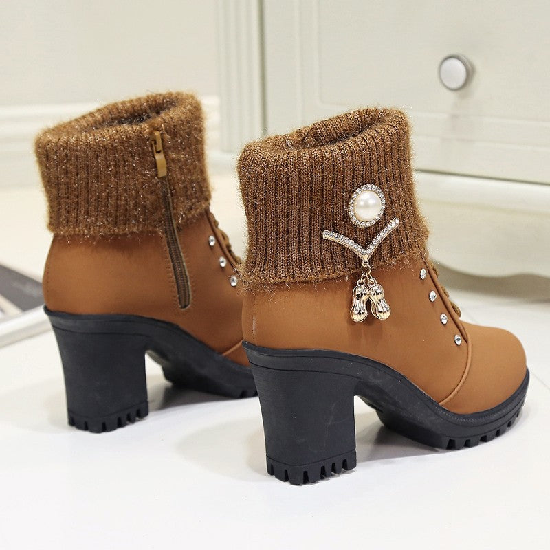 Bootara Women's Glam Knit-Cuff Boots - Rhinestone Decor Side Zip Block Heel Dress Boots (US 5-10)