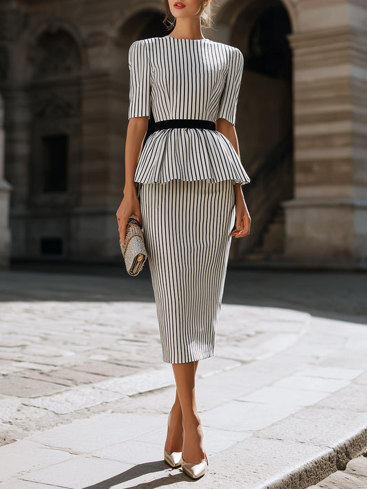 Striped Peplum Top And Pencil Skirt Set