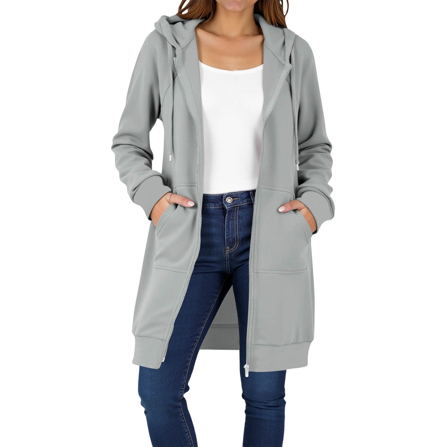 Long Hoodies for Women Zip Up Double Zipper Fleece Jacket Tunic Sweatshirts Fall Winter Fashion Clothes