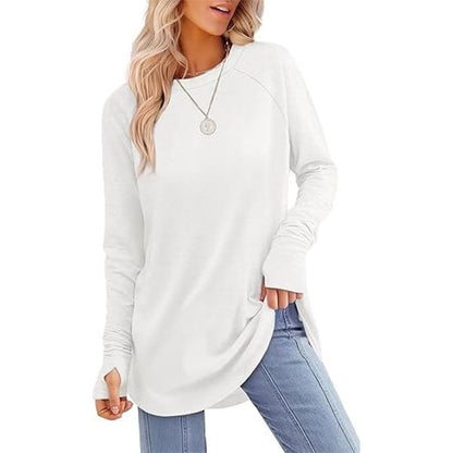 Womens Tunic Tops to Wear with Leggings Long Sleeve Thumb Crew Neck Curved Hem