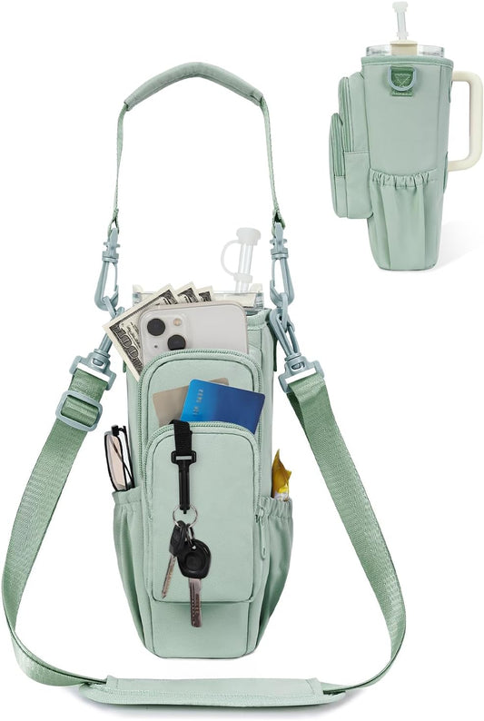 Water Bottle Carrier Bag with Phone Pocket for Stanley 40 Oz Insulated Water Bottle Holder Pouch with Adjustable Strap Water Bottle Bag with Straw Cover for Stanley Cup Accessories Patent Pending