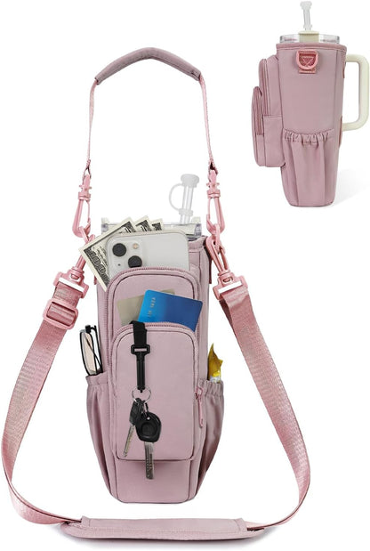 Water Bottle Carrier Bag with Phone Pocket for Stanley 40 Oz Insulated Water Bottle Holder Pouch with Adjustable Strap Water Bottle Bag with Straw Cover for Stanley Cup Accessories Patent Pending