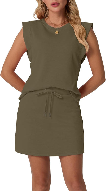 Women's Summer 2 Piece Skort Set Cap Sleeve Round Neck Top & Tennis Skirt with Pockets for Athletic & Casual