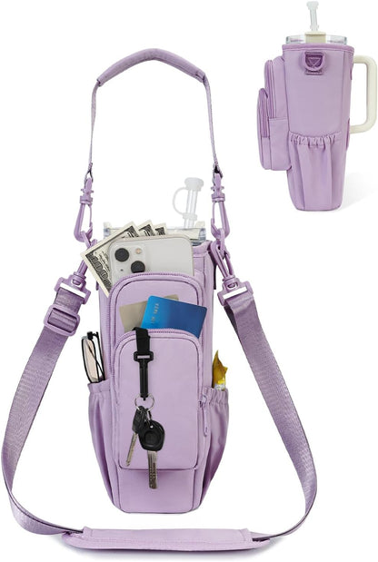 Water Bottle Carrier Bag with Phone Pocket for Stanley 40 Oz Insulated Water Bottle Holder Pouch with Adjustable Strap Water Bottle Bag with Straw Cover for Stanley Cup Accessories Patent Pending