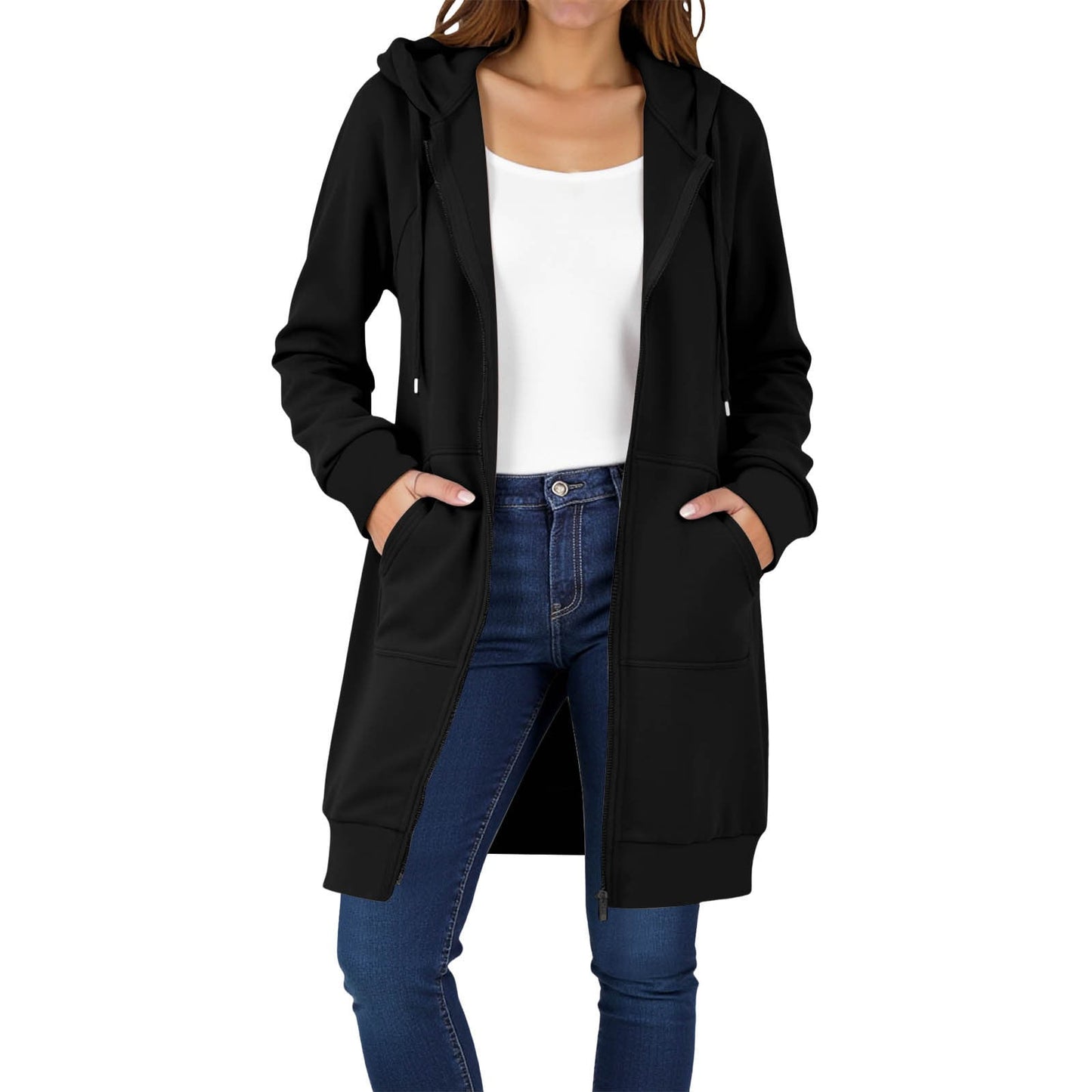 Long Hoodies for Women Zip Up Double Zipper Fleece Jacket Tunic Sweatshirts Fall Winter Fashion Clothes