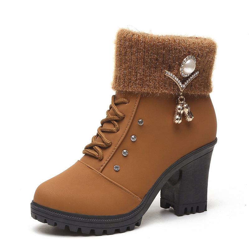 Bootara Women's Glam Knit-Cuff Boots - Rhinestone Decor Side Zip Block Heel Dress Boots (US 5-10)