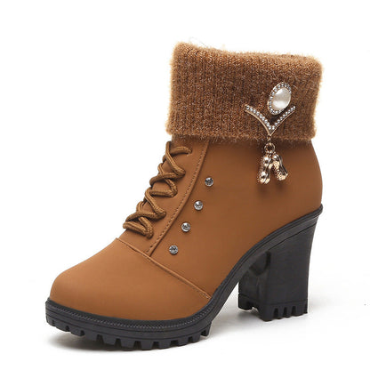 Bootara Women's Glam Knit-Cuff Boots - Rhinestone Decor Side Zip Block Heel Dress Boots (US 5-10)