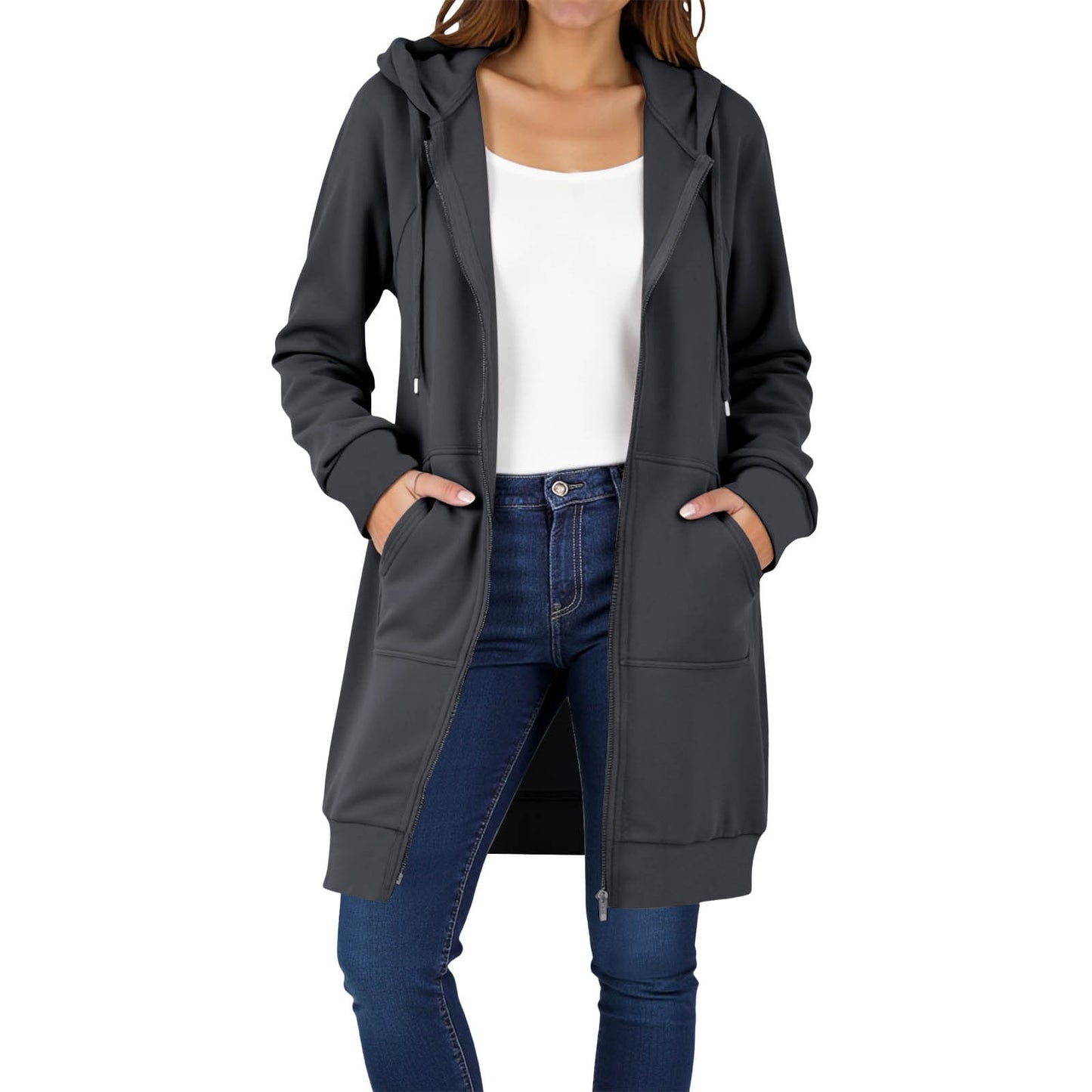 Long Hoodies for Women Zip Up Double Zipper Fleece Jacket Tunic Sweatshirts Fall Winter Fashion Clothes