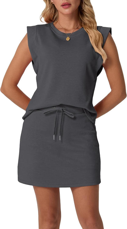 Women's Summer 2 Piece Skort Set Cap Sleeve Round Neck Top & Tennis Skirt with Pockets for Athletic & Casual