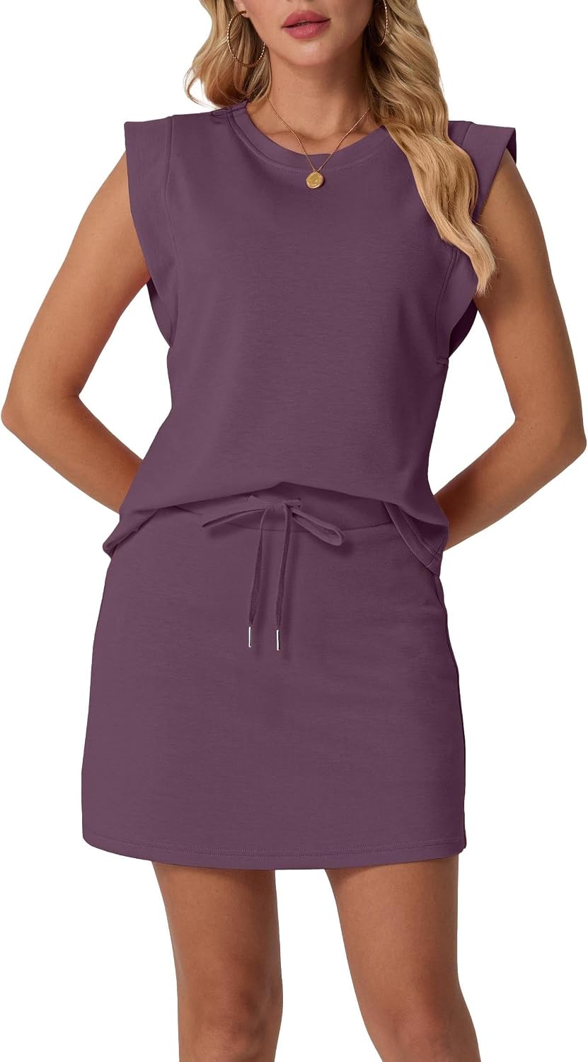 Women's Summer 2 Piece Skort Set Cap Sleeve Round Neck Top & Tennis Skirt with Pockets for Athletic & Casual