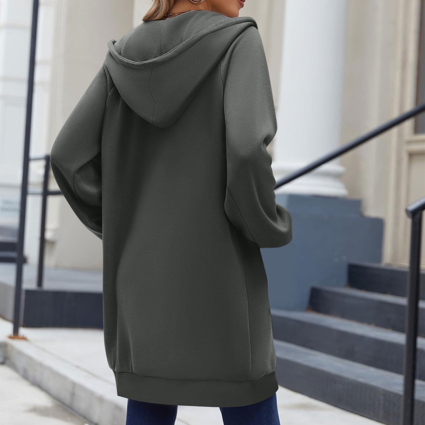 Long Hoodies for Women Zip Up Double Zipper Fleece Jacket Tunic Sweatshirts Fall Winter Fashion Clothes