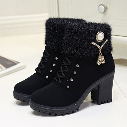 Bootara Women's Glam Knit-Cuff Boots - Rhinestone Decor Side Zip Block Heel Dress Boots (US 5-10)