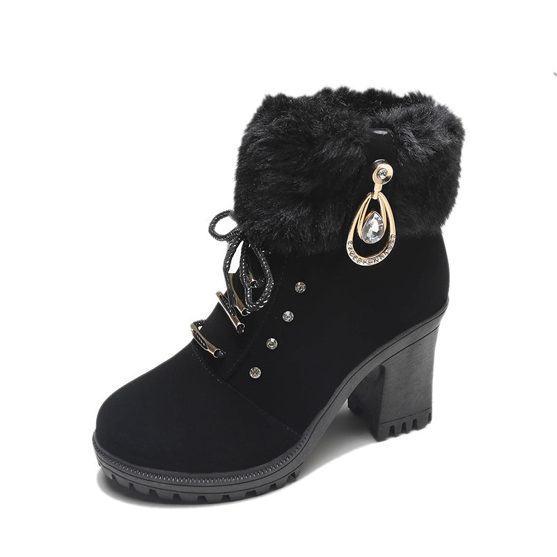 Bootara Women's Glam Knit-Cuff Boots - Rhinestone Decor Side Zip Block Heel Dress Boots (US 5-10)