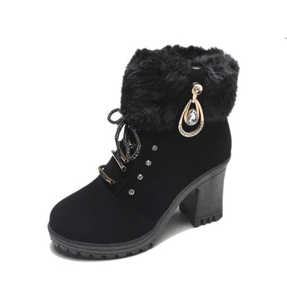 Bootara Women's Glam Knit-Cuff Boots - Rhinestone Decor Side Zip Block Heel Dress Boots (US 5-10)