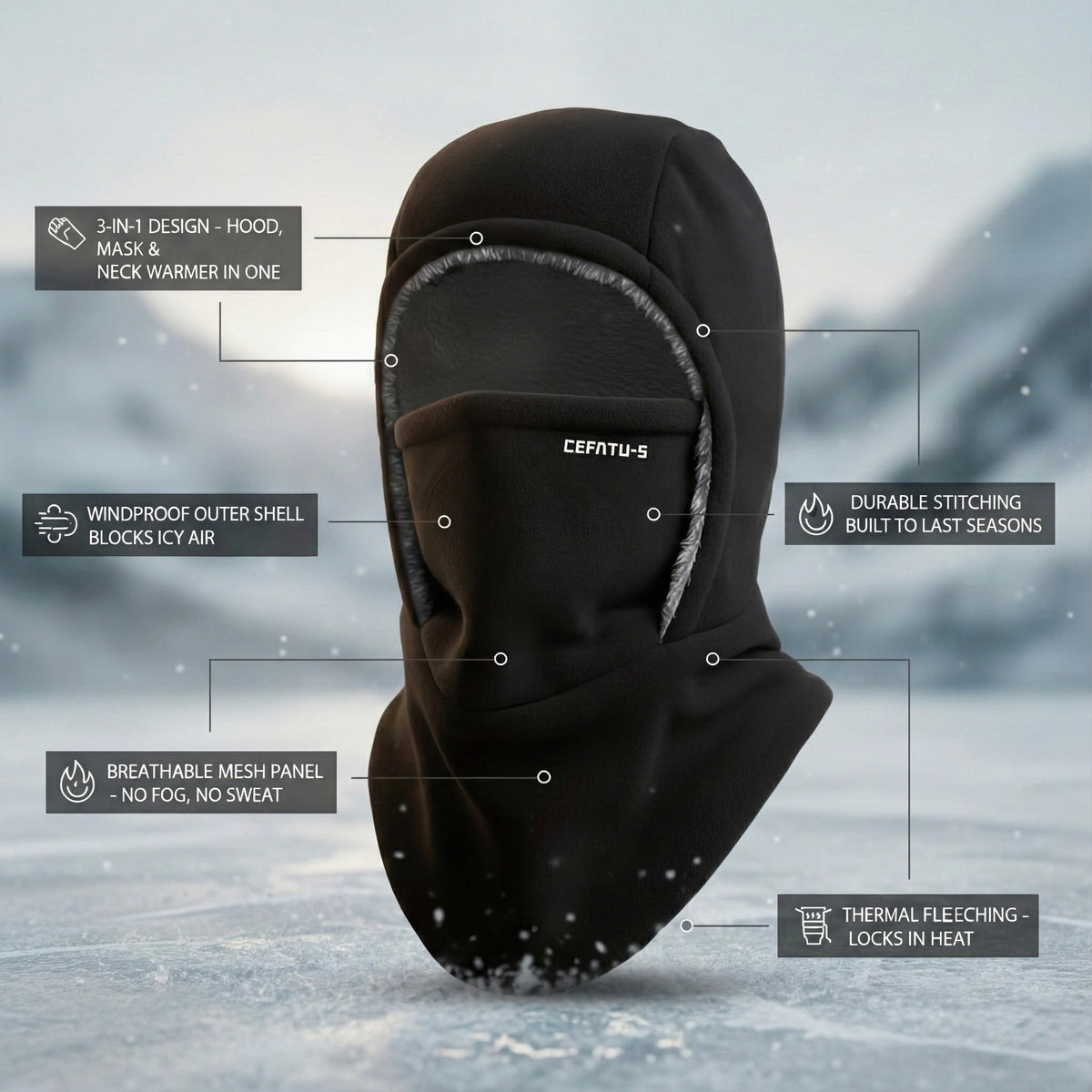 Thermal headgear - a windproof, three-in-one winter hat that combines the functions of a mask and neck warmth preservation.