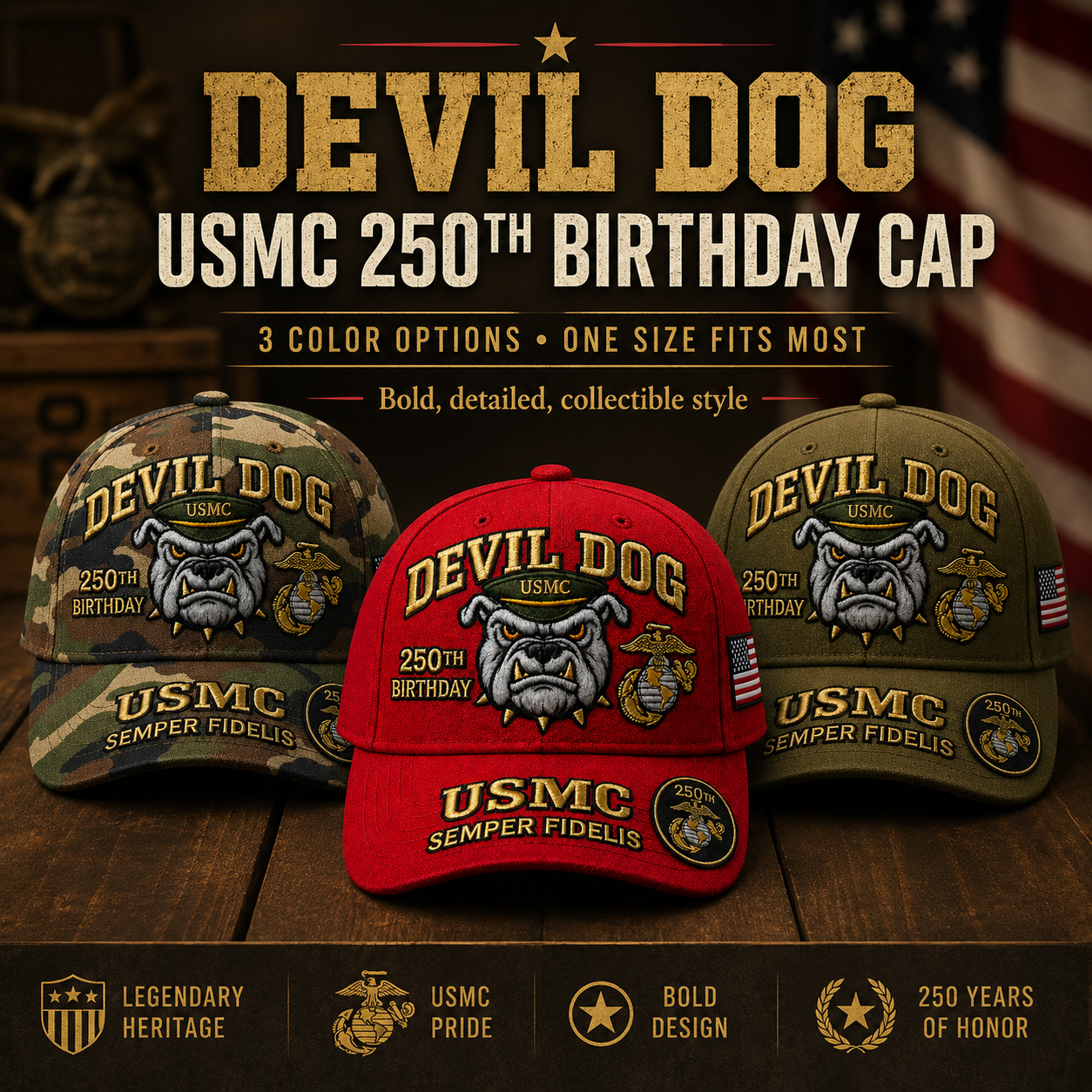 ❤️Handmade Devil Dog USMC 250th Birthday Commemorative Cap 🇺🇸