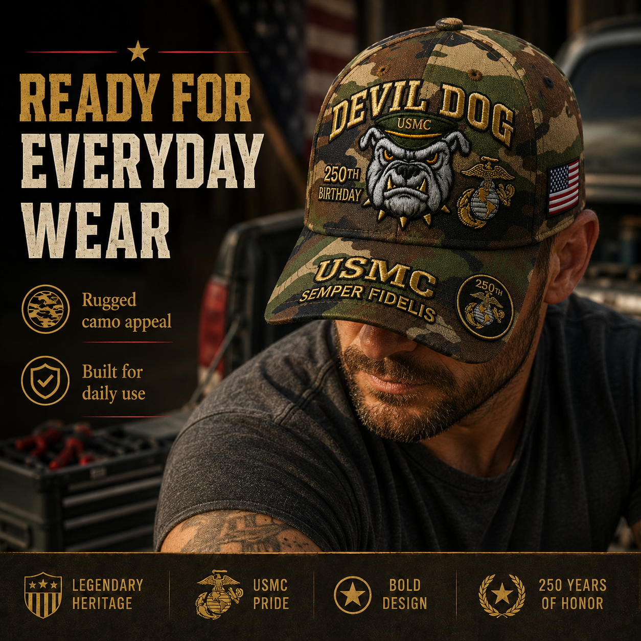 ❤️Handmade Devil Dog USMC 250th Birthday Commemorative Cap 🇺🇸