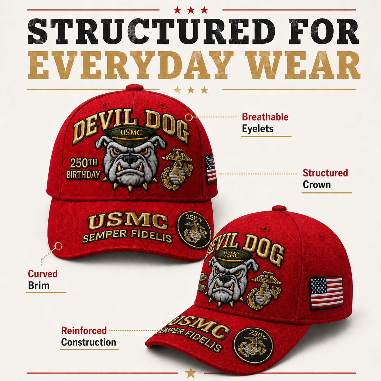 ❤️Handmade Devil Dog USMC 250th Birthday Commemorative Cap 🇺🇸
