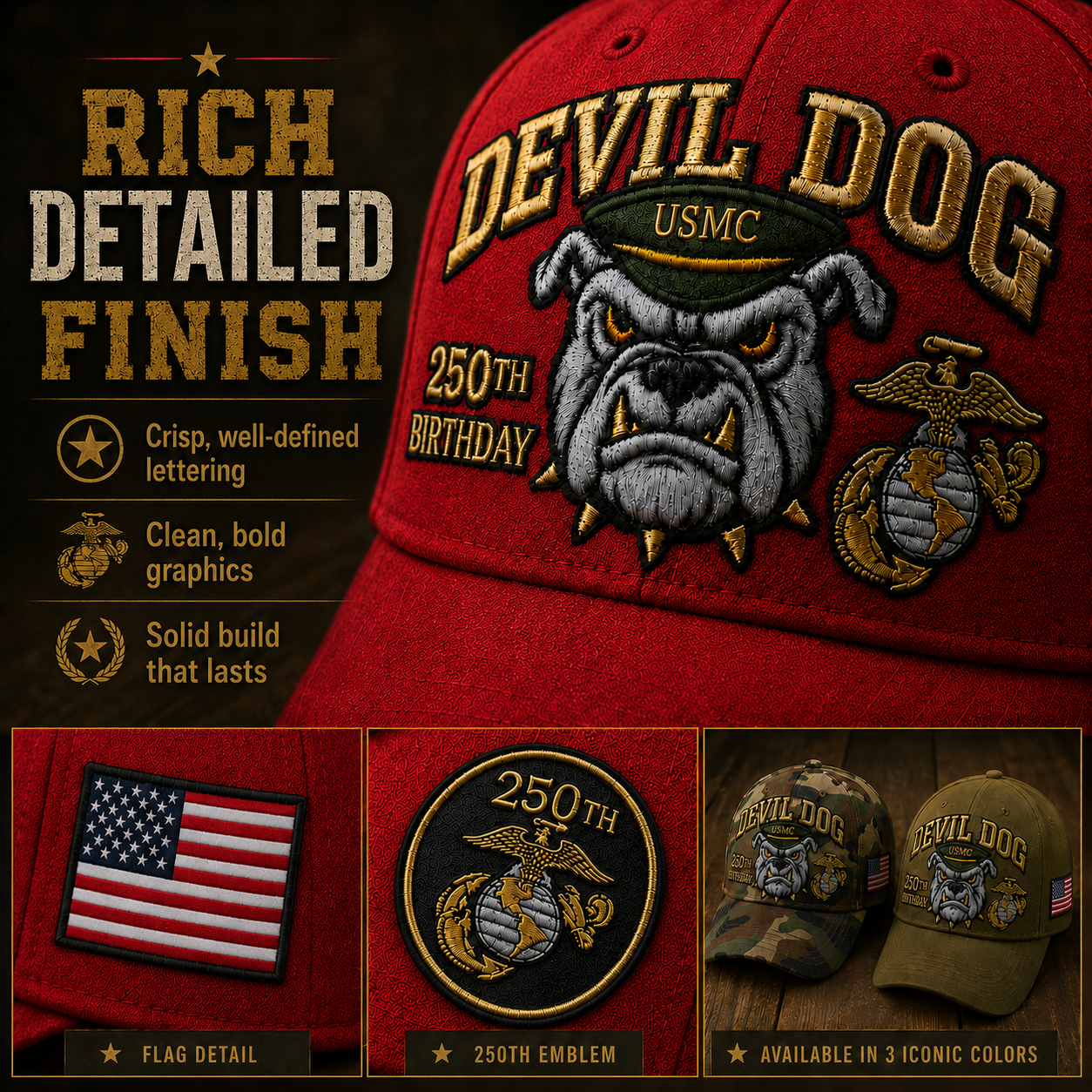 ❤️Handmade Devil Dog USMC 250th Birthday Commemorative Cap 🇺🇸