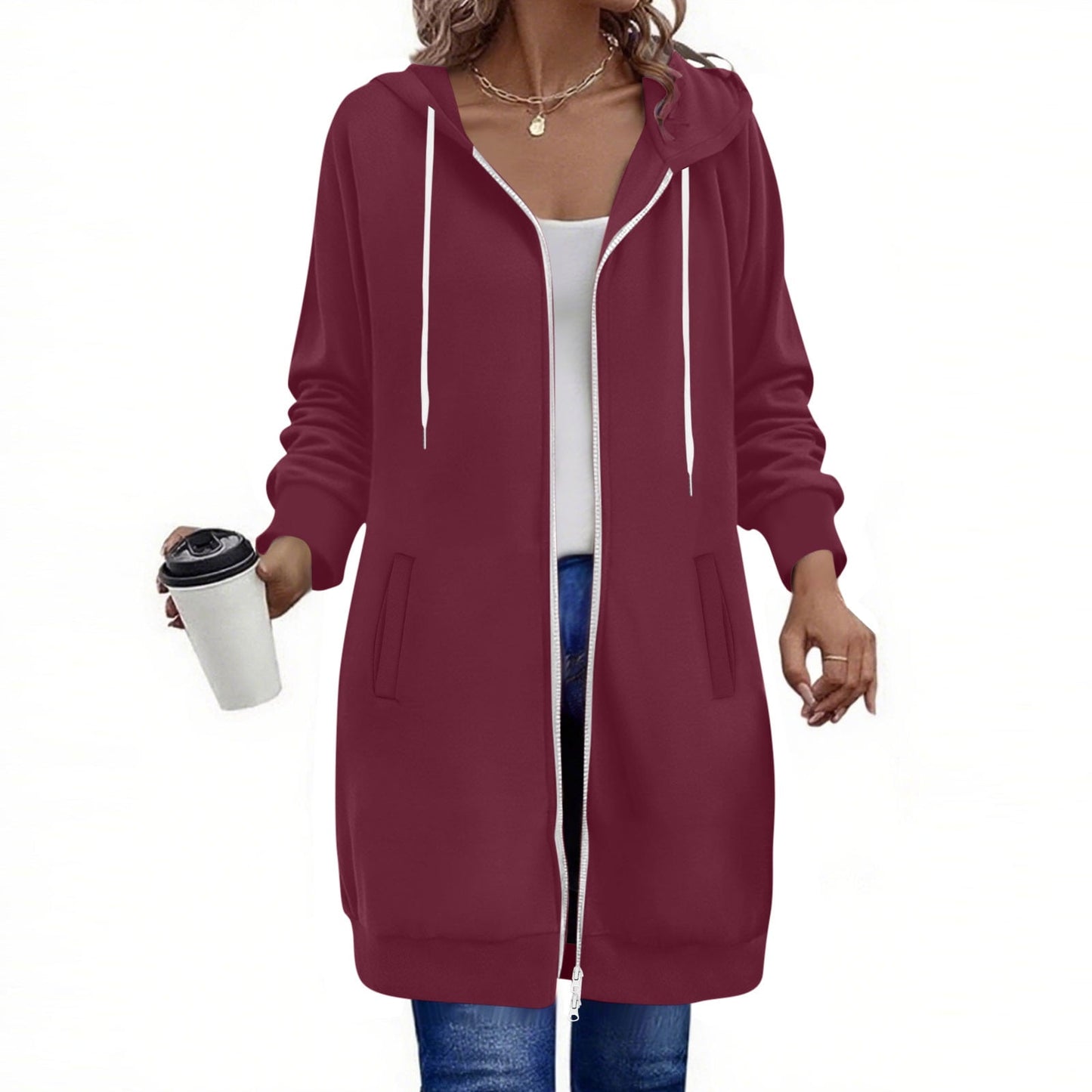 Long Hoodies for Women Zip Up Double Zipper Fleece Jacket Tunic Sweatshirts Fall Winter Fashion Clothes
