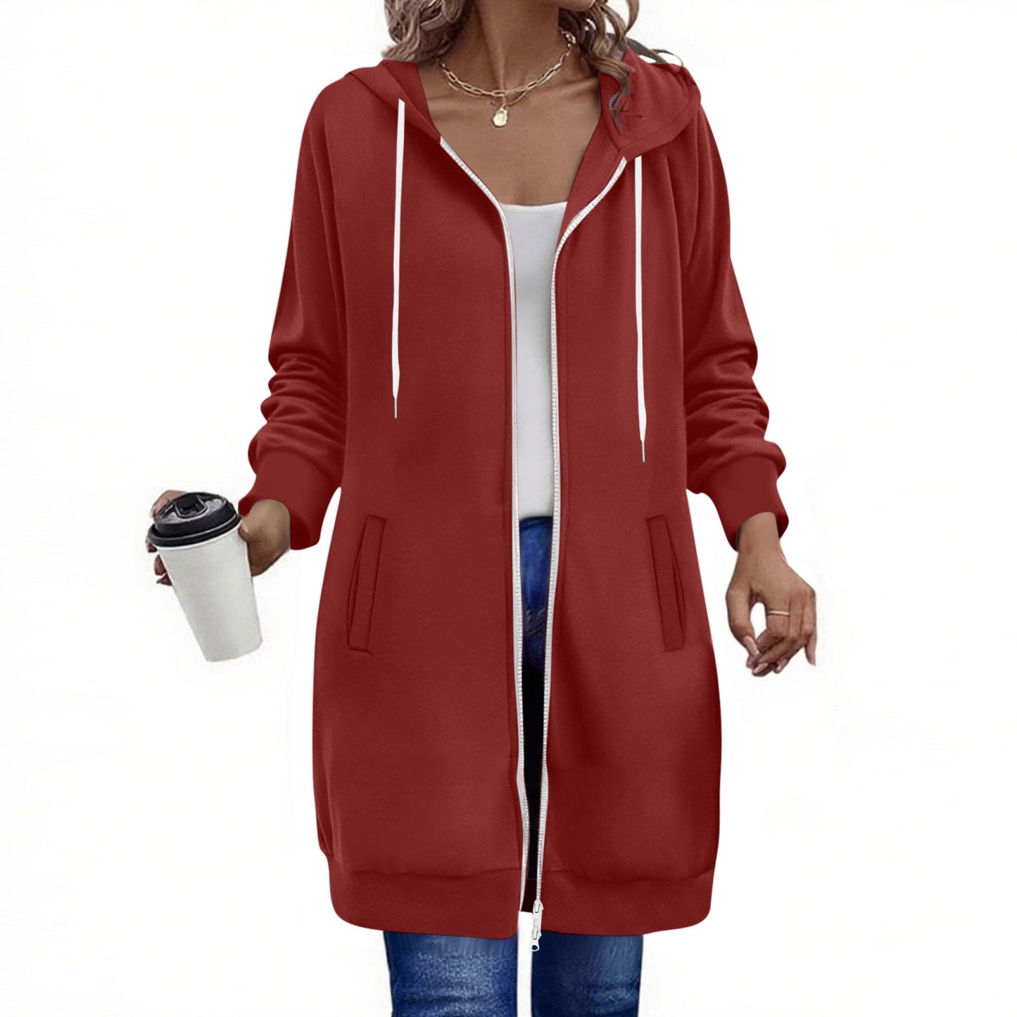 Long Hoodies for Women Zip Up Double Zipper Fleece Jacket Tunic Sweatshirts Fall Winter Fashion Clothes