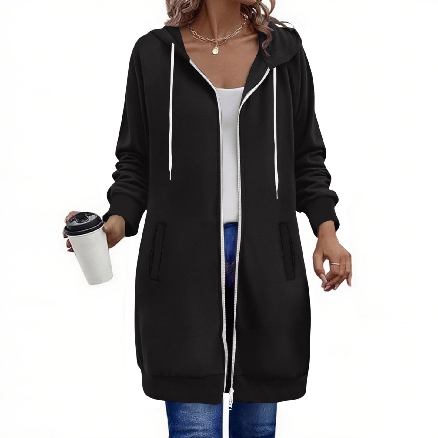 Long Hoodies for Women Zip Up Double Zipper Fleece Jacket Tunic Sweatshirts Fall Winter Fashion Clothes