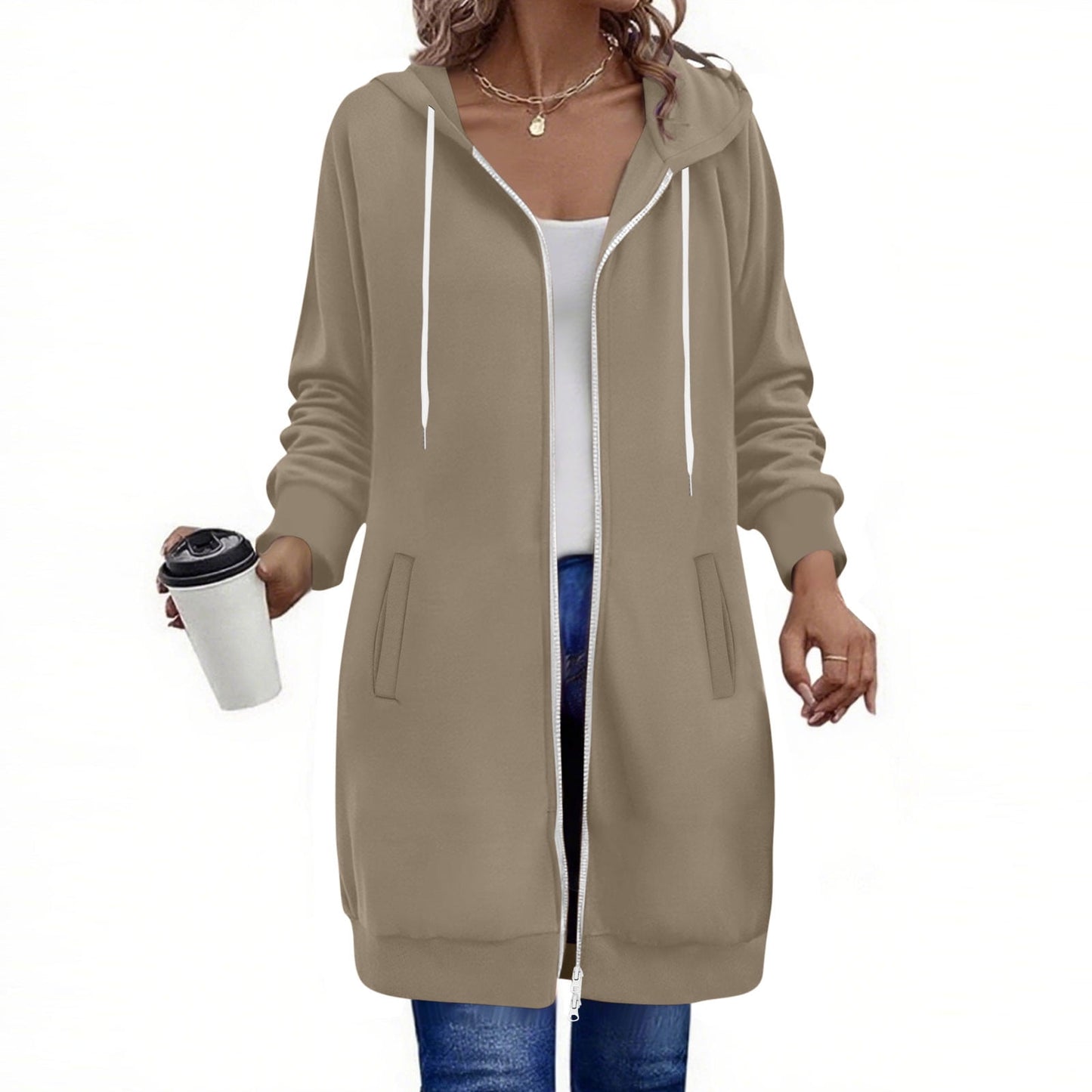 Long Hoodies for Women Zip Up Double Zipper Fleece Jacket Tunic Sweatshirts Fall Winter Fashion Clothes