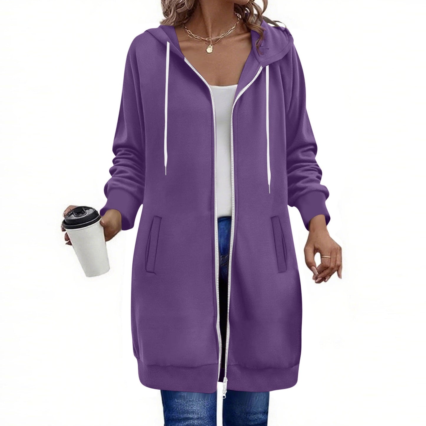 Long Hoodies for Women Zip Up Double Zipper Fleece Jacket Tunic Sweatshirts Fall Winter Fashion Clothes